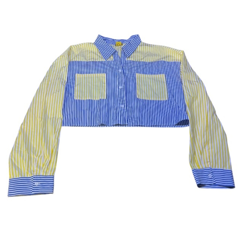 Daisy Blue and Yellow Striped Button Down Cropped Shirt